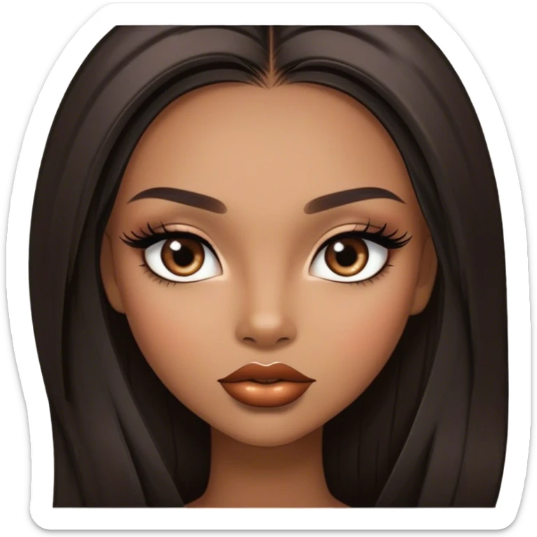 Glamourous, light brown skin tone, very beautiful girl, with big plump shiny lips, long long lashes, black straight smooth silky long hair, straight parting hair, brown eyes sticker