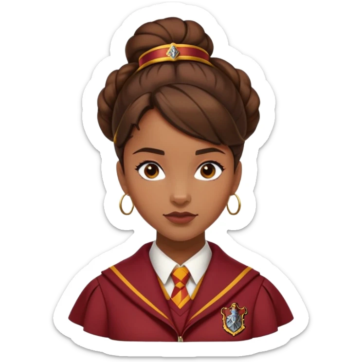 Angelina Johnson in harry potter, wear hogwarts gryfindor uniform,  thick, brown bun hair , reflecting her bold, stylish, and strong personality sticker