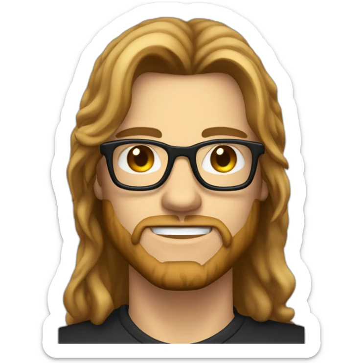 male caucausian designer with long brown hair and black rimmed glasses heavy metal sticker
