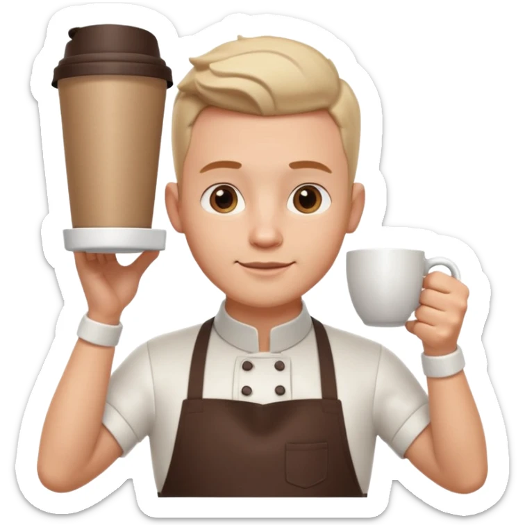 male barista portrait, head and shoulders only, wearing apron collar, holding a coffee cup, confident friendly expression, cafe worker vibe, 3D cartoon, mobile game icon style, clean background, no text, no watermark
 sticker