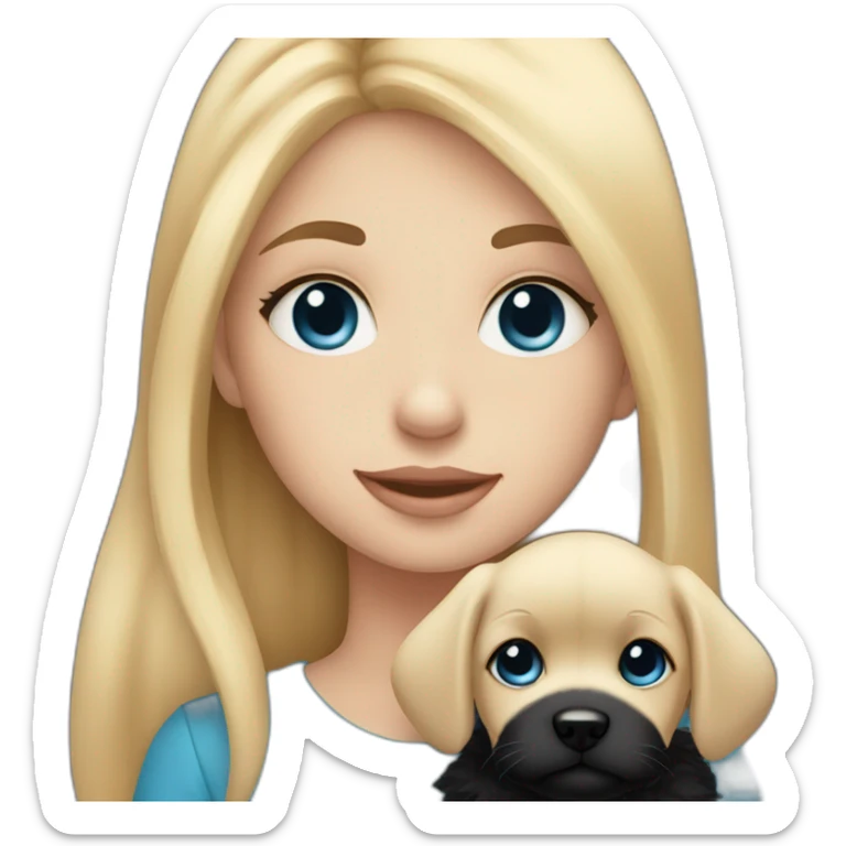 girl with straight blonde hair and blue eyes holding an entirely black fluffy puppy sticker