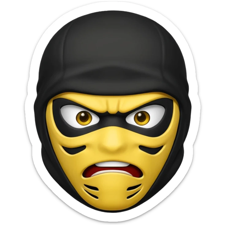 angry ninja face emoji with black ninja mask, no visible skin, classic emoji yellow face sticker