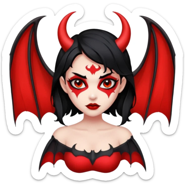 Demon girl: red skin, black hair, small horns, bat wing; tattoo-flash comic style; red/black palette; bold outlines; dark background; no text. sticker