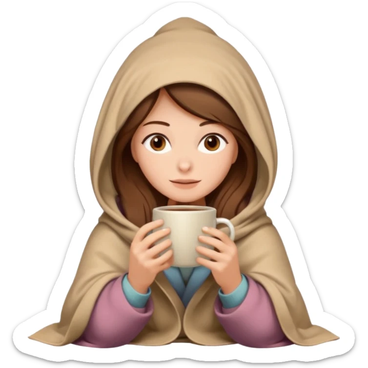 brown hair woman sitting under beige blanket, with a blanket over his head, holding cup of coffee, autumn mood sticker