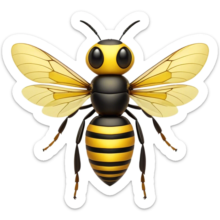 Cinematic Noble Hornet Portrait Emoji, Poised and intimidating, with a sleek, segmented body in bold yellow and black hues, sharp, focused eyes, and delicate, translucent wings, Simplified yet sharp and sophisticated features, highly detailed, glowing with a soft, insectile radiance, high shine, intelligent and formidable, stylized with an air of natural authority, focused and alert, soft glowing outline, capturing the essence of a watchful and confident hornet that appears ready to buzz out of the screen with effortless power! sticker