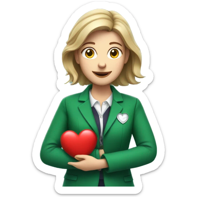 A European female teacher in a green jacket holds a heart in her hands sticker