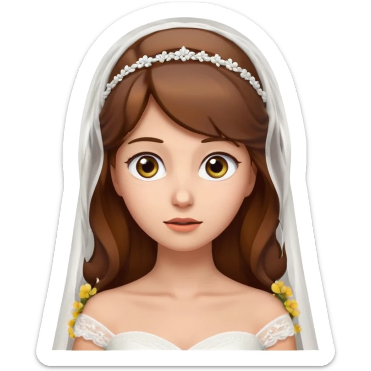 Brown-haired bride in a white wedding dress and veil, eyes looking upward with a curious expression, cute emoji style. sticker