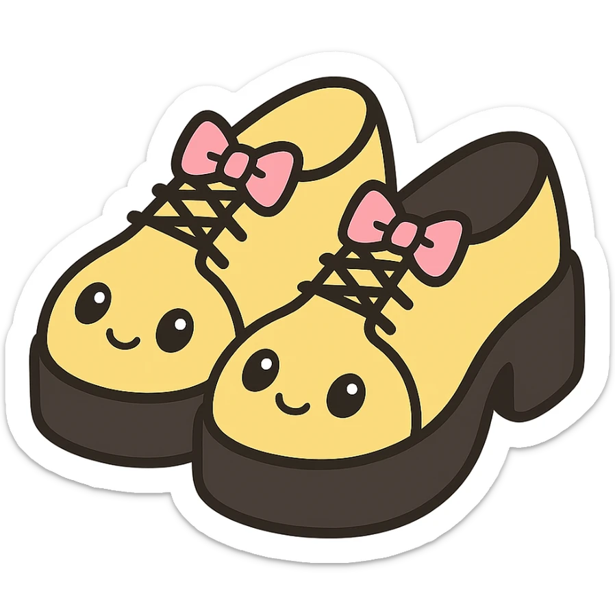 Make the shoes pastel yellow with black and pink accents, kawaii style, no socks, no hearts, transparent background sticker