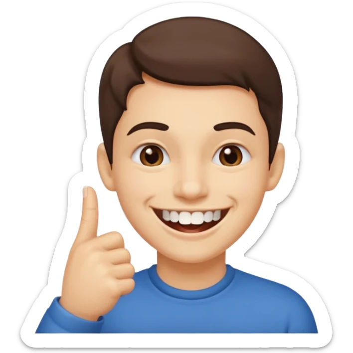 Con una sonrisa en la cara mientras muerde la punta del dedo indice en la boca son sus dientes sticker