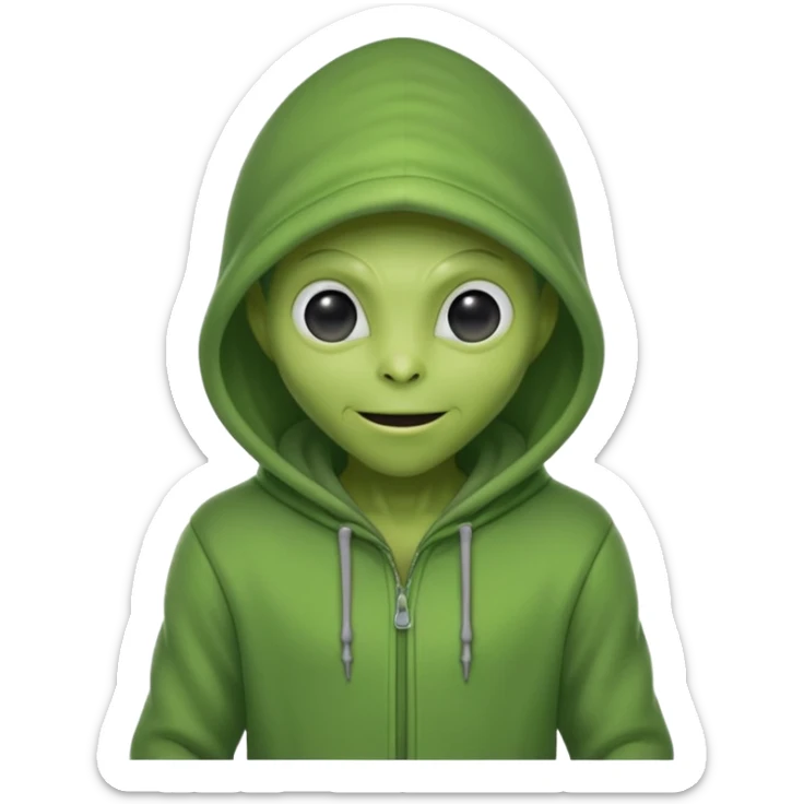 green alien in gray hoodie full height, wear hoodie hat, happy sticker