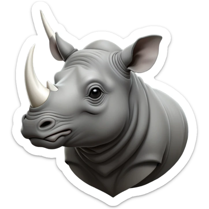 cinematic-noble--rhinoceros-portrait-emoji,slate-grey-hide-poised-and-regal,-with-a-massive,-powerful-build-and-a-thick,--deep-set-soulful-piercing-eyes,-simplified-yet-sharp-and-sophisticated-features,-highly-detailed,-large-black-eyes, white horn, front facing sticker