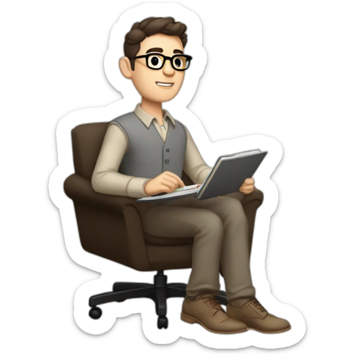 Pale skinned Fit Man With dark brown hair in gray jacket, beige office shirt, Brown pants and vintage glasses sitting In a soft chair with a notebook on spring with emblem Ψ and a pen sticker