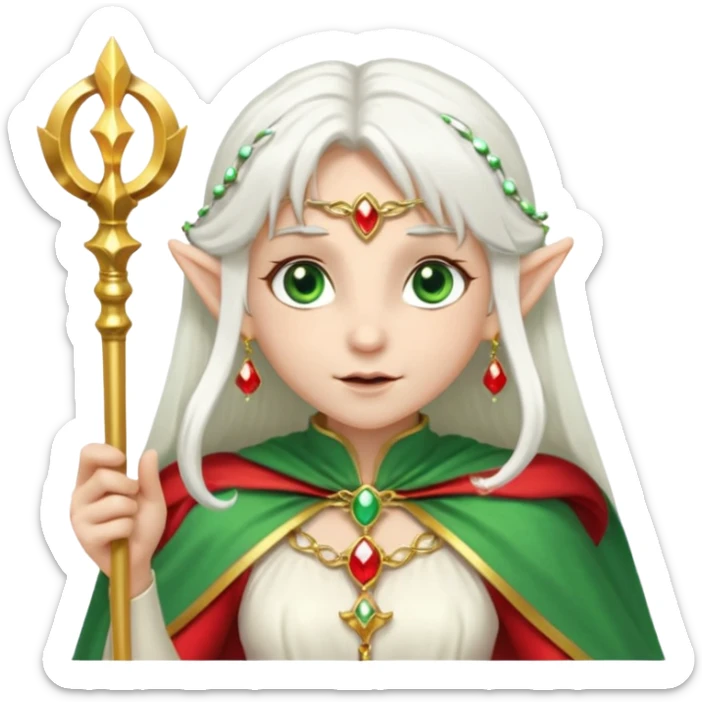 an elf with very white hair and two long PONYTAILS on the side of her head, she has a curtain bang, green eyes, she has a white cape with golden borders and a scepter with a red orb, she has earrings that look like red drops sticker