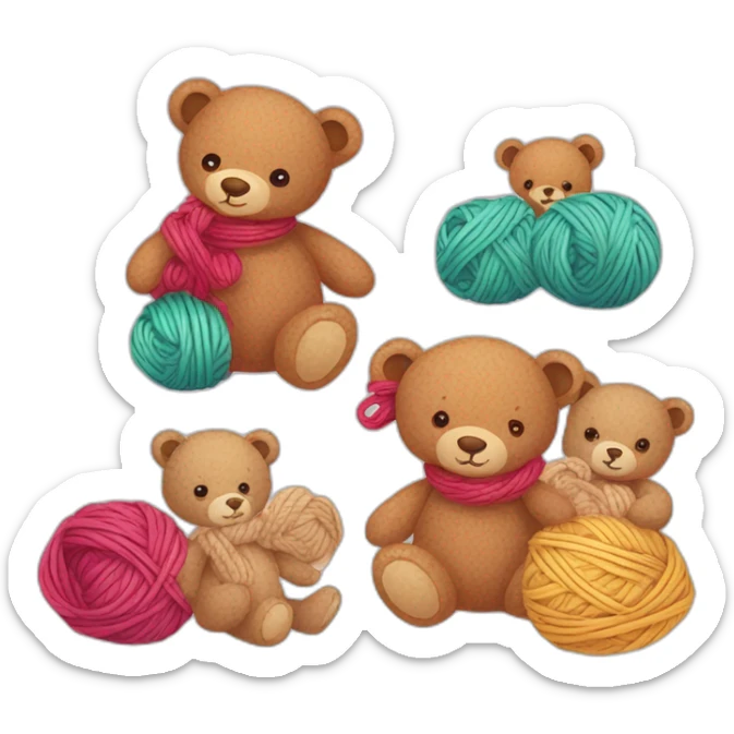 An illustration of a set of teddy bears and knitting yarn. A hand-drawn drawing. Vector illustration. Cartoon illustration, children's - sticker