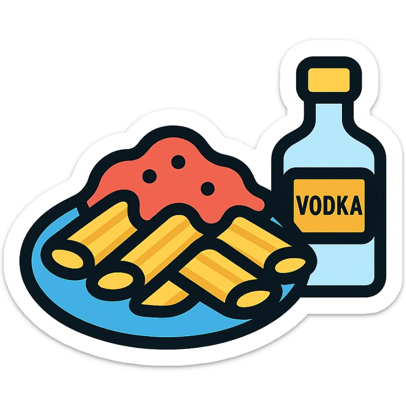 minimalist icon of vodka pasta, penne and sauce, with a small vodka bottle beside sticker