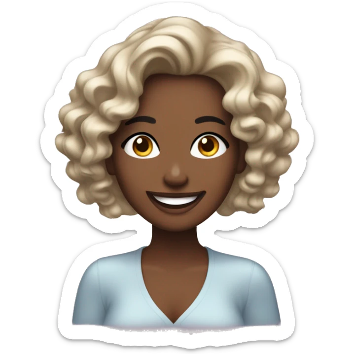 An emoji of a smiling woman with wavy, shoulder-length hair, wearing sparkling eye makeup and a soft, friendly expression. One hand gently touches her face, showcasing her elegance and joy sticker