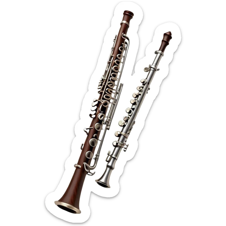 Cinematic Realistic Oboe, slender and elegant dark wood body, silver-plated keys catching soft highlights, delicate reed resting at the top, glowing with refined and classical beauty. sticker