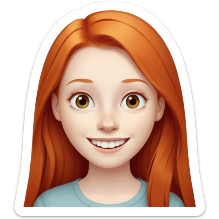 traditional emoji of young girl with very pale skin, long straight bright ginger red hair, elongated oval face, normal-sized human eyes positioned naturally, wide nose, friendly big smile with very large prominent teeth, less intense expression sticker