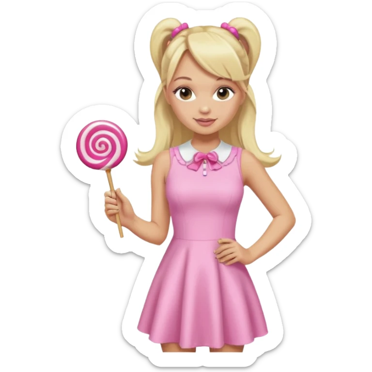 Emma Bunton with long blonde ponytails wearing light pink body dress holding a lollipop sticker