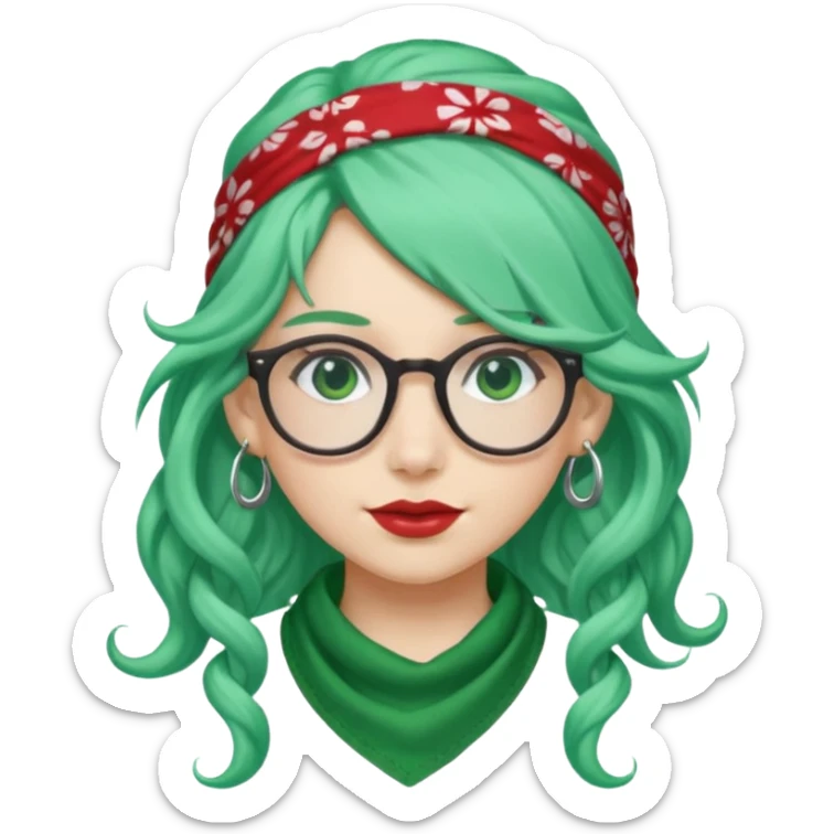girl with long curly peppermint green hair and single-color bandana and glassess and earring sticker
