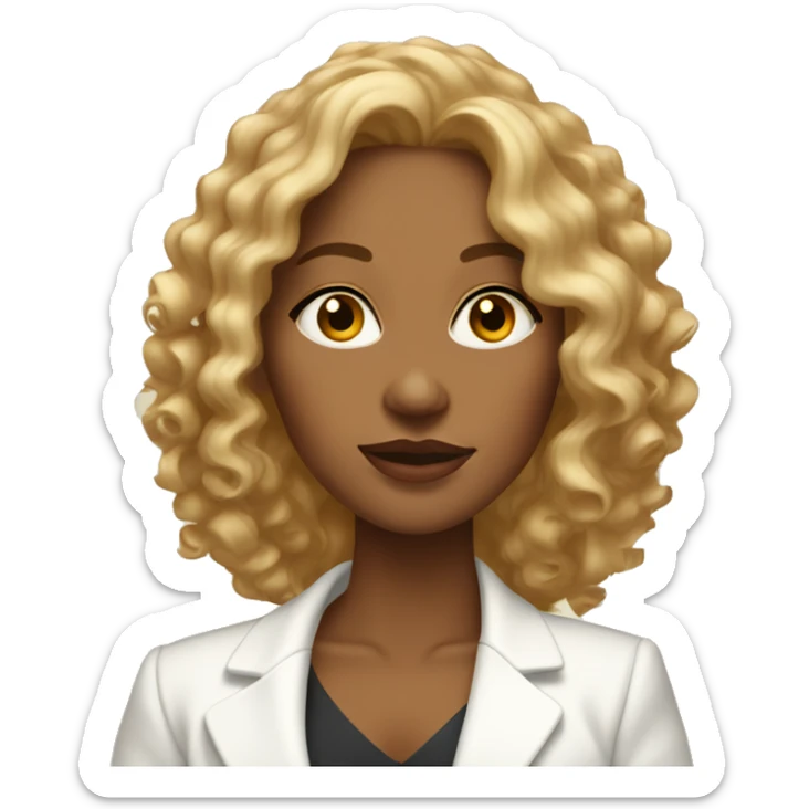 Woman with caramel skin and shoulder length blonde curly hair wearing a white blazer sticker