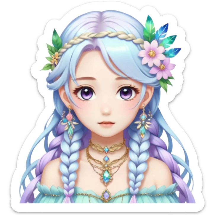 Beautiful gorgeous anime lady with beautiful iridescent-white-braided-hair, fashion aesthetic, ethereal, fairycore, pastelcore, feather, flower, gems, accessories, jewelries, gold, colorful sticker