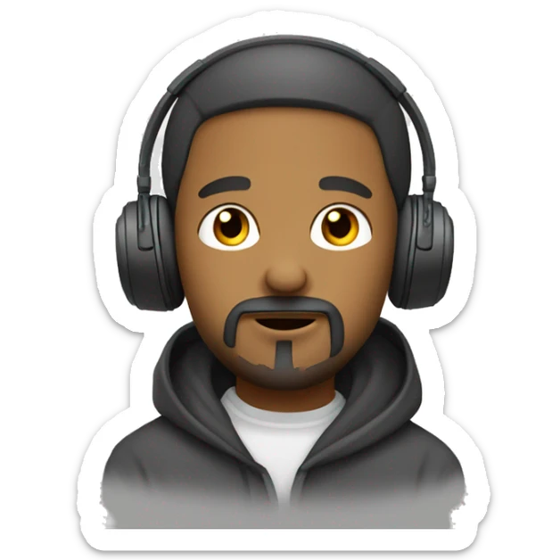 A man with goatee style of facial hair, with headphones on his ears and he got a hoodie sticker