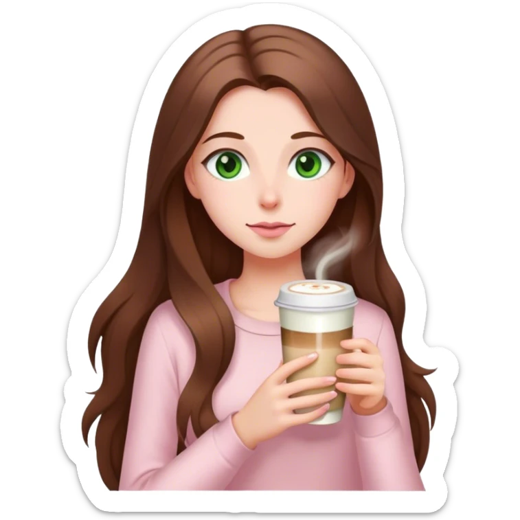 girl with very long brown hair and green eyes and light pink outfit drinking a latte sticker