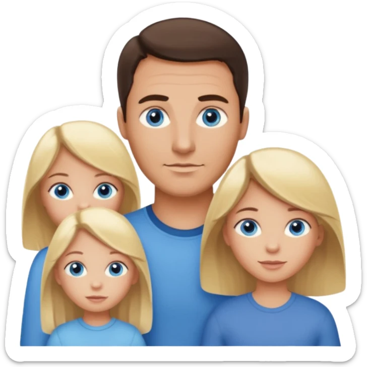 Family portrait with father with dark brown hair and blue eyes, mother with light brown hair and blue eyes, three blonde little girls with blue eyes sticker