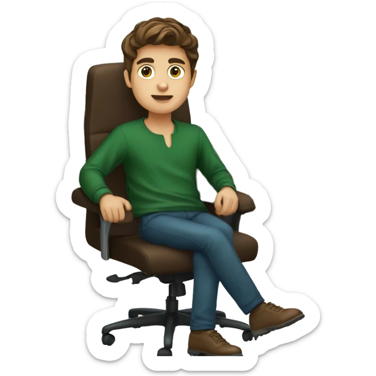brown hair boy with dark green oversize shirt sitting in office chair sticker