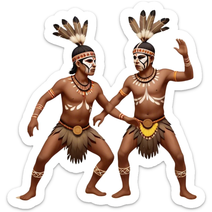 Cinematic Realistic scene of two indigenous male aboriginals performing an Aboriginal Corroboree, adorned in traditional body paint, captured in fluid motion with earthy tones and vibrant, cultural lighting sticker