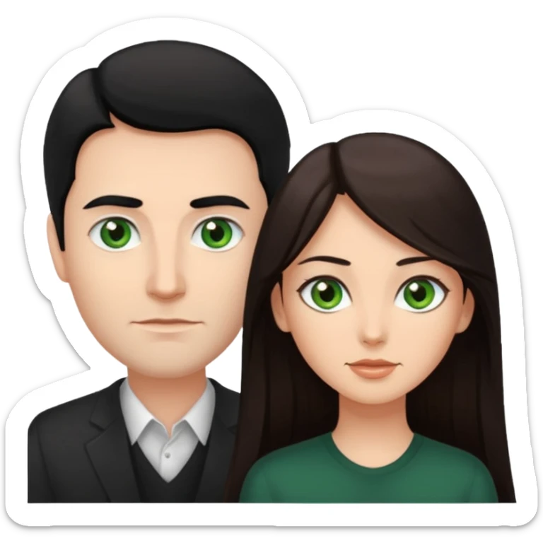 White man with black hair and green eyes woman with long brown hair and brown eyes sticker