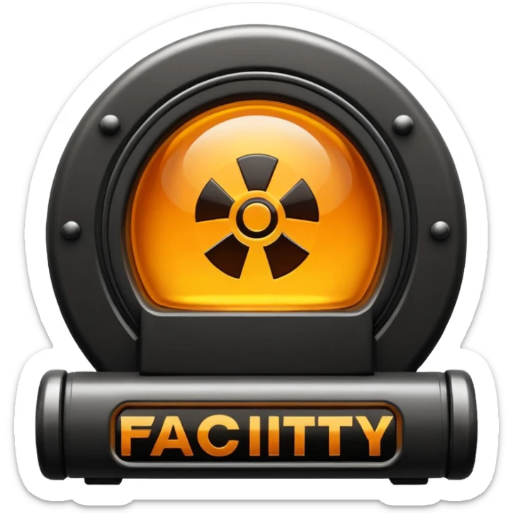 Minimal logo emoji with a glowing amber industrial emblem above bold text reading “THE FACILITY”, dark background, clean typography, sci-fi bunker aesthetic, high contrast, sticker