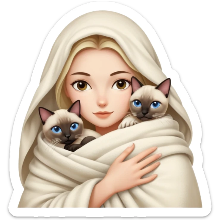 A beautiful and sexy Caucasian girl wrapped in a blanket hugging a Siamese cat sticker