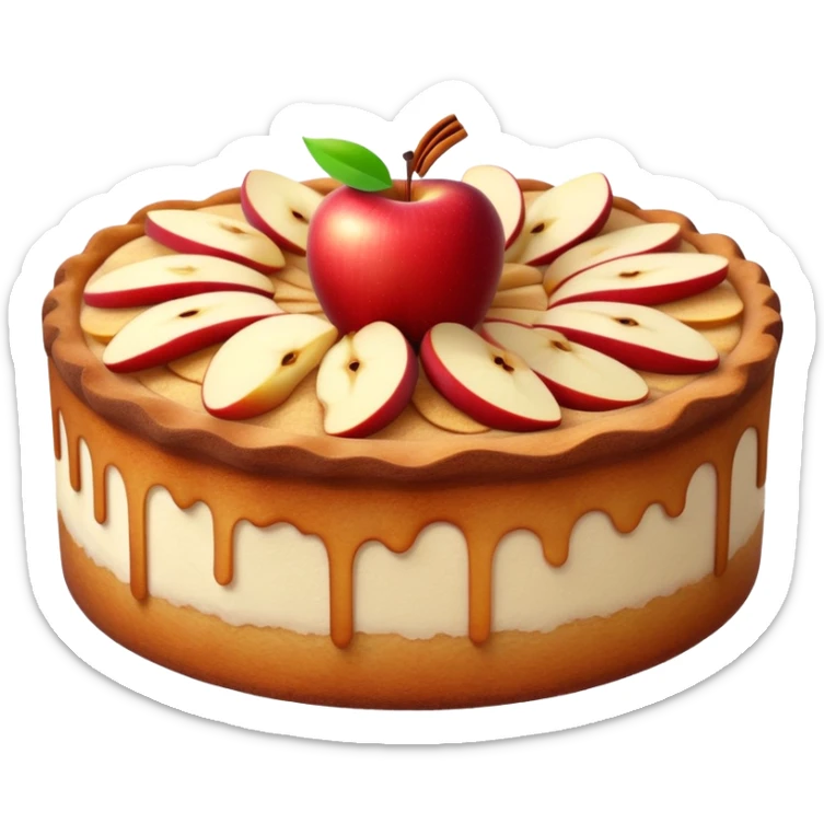 cinematic-realistic-apfelkuchen-dessert-emoji,-depicted-as-a-classic-apple-cake-bursting-with-cinnamon-and-apples-rendered-with-soft-textures-and-warm,-inviting-lighting. sticker