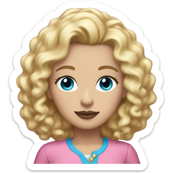 White woman mid length curly blonde hair blue eyes pink lips pink clothes sticker