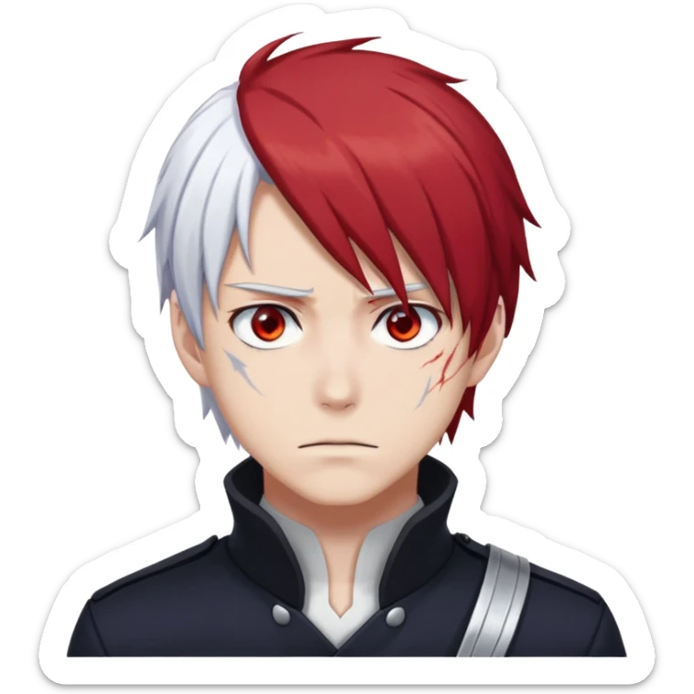 Shoto Todoroki face only, left side white hair, right side red hair, heterochromatic eyes, burn scar on left side of face, serious expression sticker