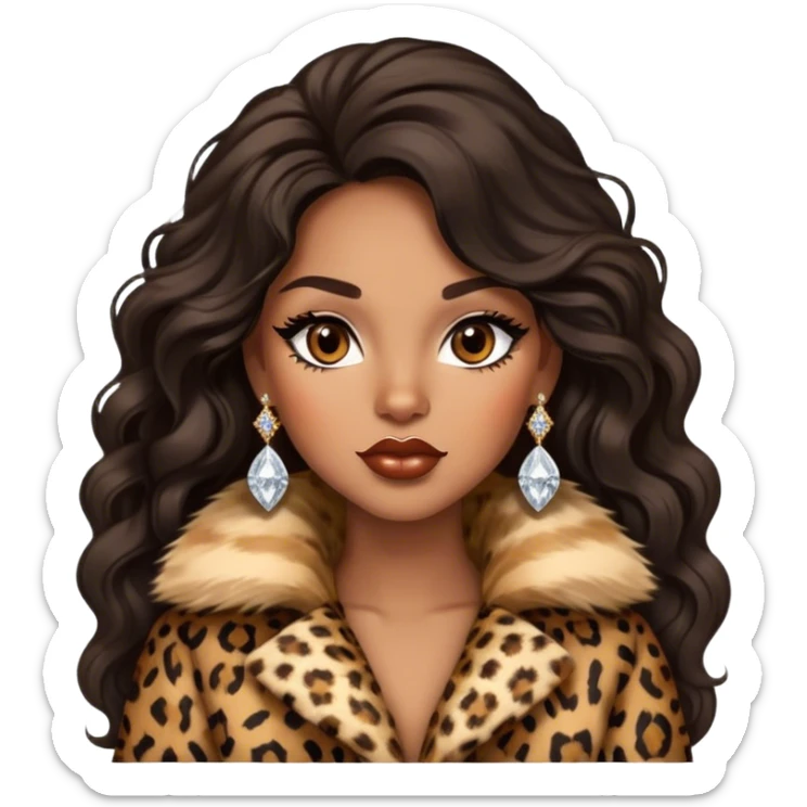 light brown skin tone, very beautiful woman, with big plump lips, long long lashes, black wavy long hair, brown eyes, leopard fur coat, diamond earrings sticker