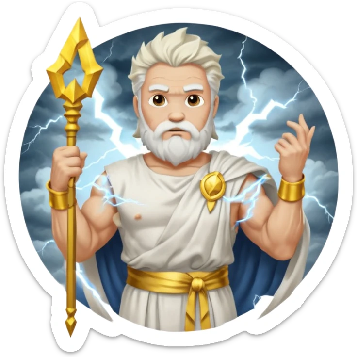portrait of Zeus, muscular old man with white beard and hair, wearing white toga with gold trim, holding lightning bolt, standing on storm clouds sticker