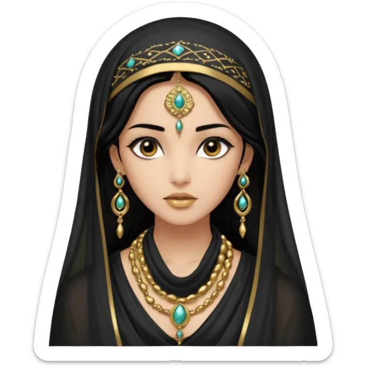  Mujer joven, morena, de gran belleza y porte misterioso.
Ojos grandes y negros, mirada intensa y fija; labios marcados.
-Cabello: Negro, largo y brillante, suele ir cubierto parcialmente por un velo o pañuelo oriental. Cuerpo conpletoVestimenta: Ropa de inspiración arabe brazaletes y pendientes.
 sticker