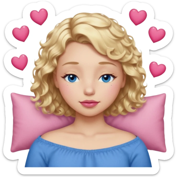 Girl Blonde short wavy hair,  blue eyes, cute blue top, long lashes, pink lips, sleeping eyes closed, hearts  sticker