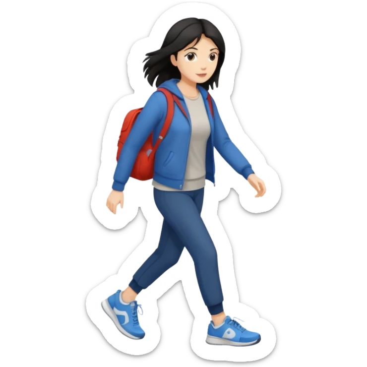 iOS emoji style - a dark haired woman in casual clothes and wearing trainers. Walking quickly. She does not have a bag or backpack.

 sticker