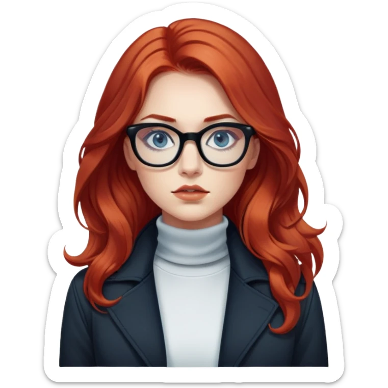 Nữ 25 tuổi, da trắng, tóc dài xoăn nhẹ màu đỏ, gọng kính màu đen, mắt kính màu xanh dương, mặt nghiêm túc, lông mi dài, trang điểm khá đậm, áo khoác cổ cao màu đen, áo trong màu trắng sticker