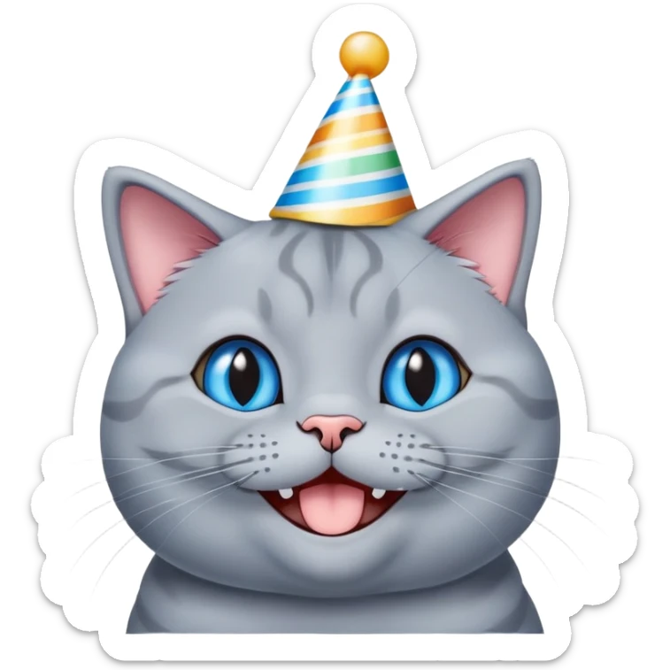 Happy British shorthair blue cat with a big smile wearing a colorful birthday hat sticker