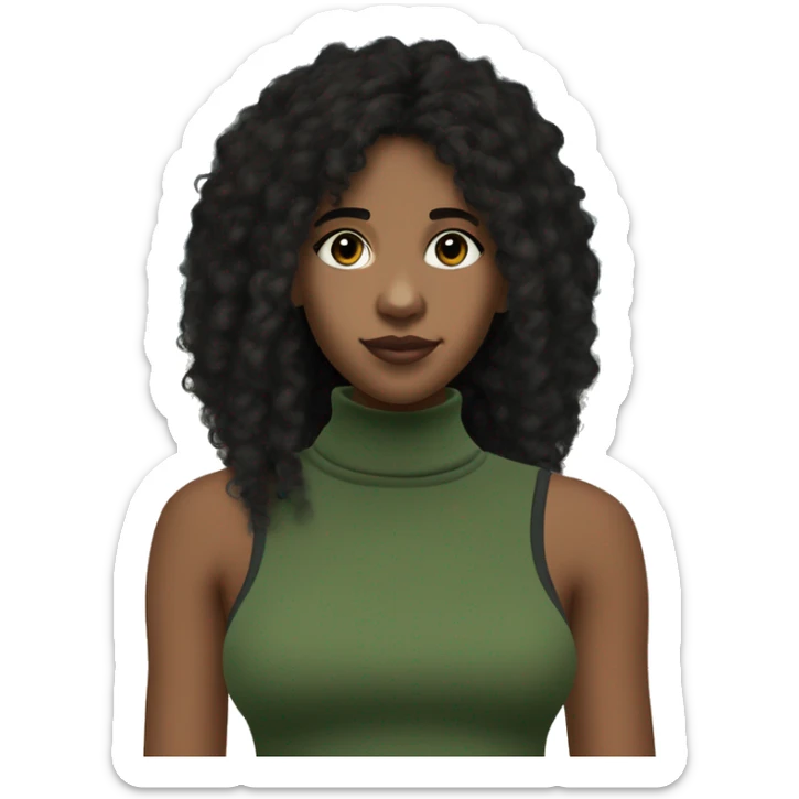 ebony teen with beautiful small brown eyes, and flowing afro Black hair, and she is wearing a casual style baggy loose green cropped regatta sleeveless turtle neck and loose black cargo pants sticker