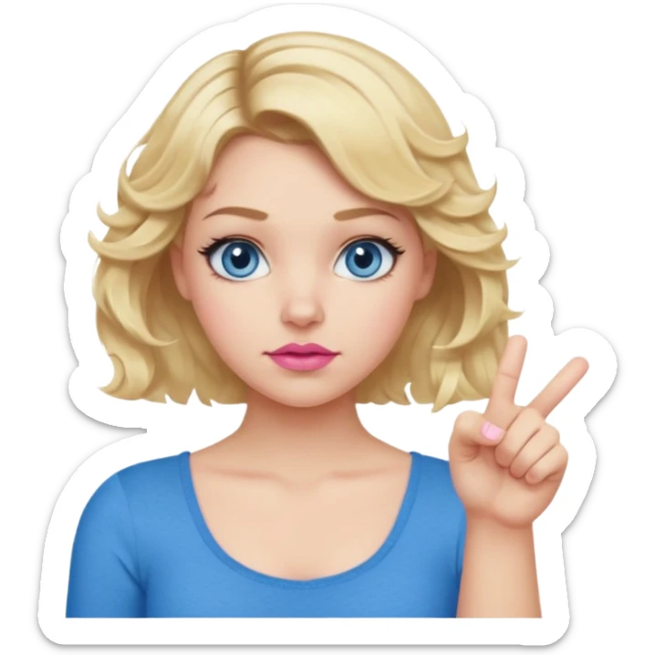 Girl Blonde short wavy hair,  blue eyes, cute blue top, long lashes, pink lips, showing thumbs down 👎  sticker