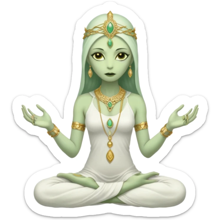 a Reptilian alien woman,in meditation, white dress like a priestess sticker