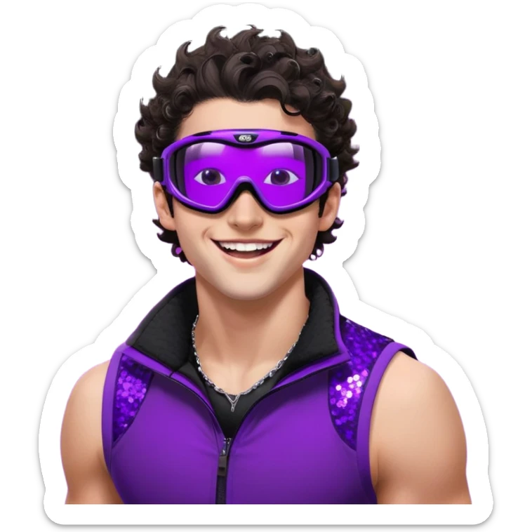 close-up of cool guy male athlete with white skin and moderately curly dark brown hair on top with shaved sides, wearing ski goggles with purple frames and very dark black lenses, winking behind the goggles, with an open mouth confident smile like a cool guy, a simple plain black chain necklace, and a completely unzipped sleeveless vest with purple and black sequin fire pattern design with no logo sticker
