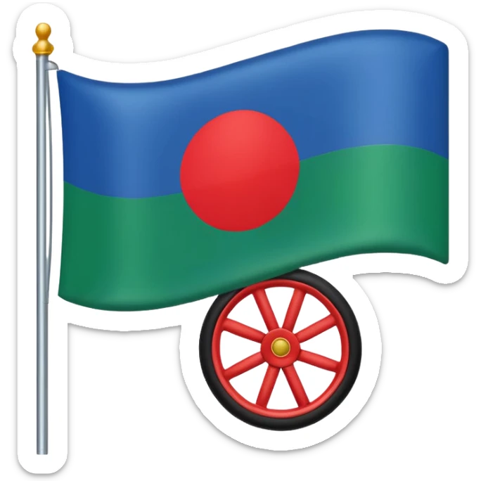 flag with green at the bottom and blue at the top with a red wheel in the middle sticker
