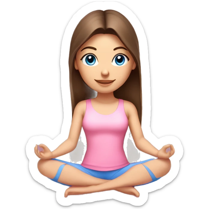 Brunette long hair and bright blue eyes yoga beautiful girl in light pink pink pink clothes sitting on a yoga mat sticker